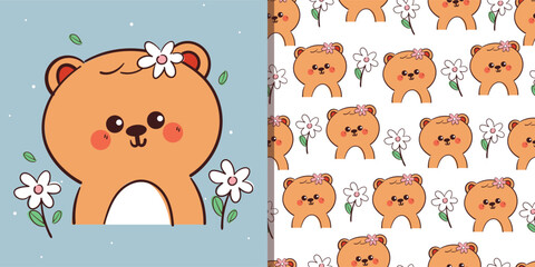 Obraz premium cute card and pattern with hand drawn cartoon bear with floral for spring card and wallpaper