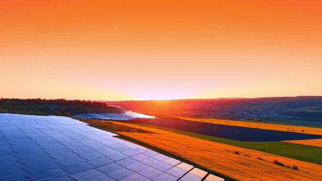 Sunrise glow over solar panels beside amber crop fields. Low aerial with warm light spilling across module rows and a sweeping field of golden rapeseed.