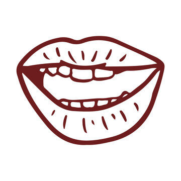 Biting lip or cheeky smile hand drawn vector gesture