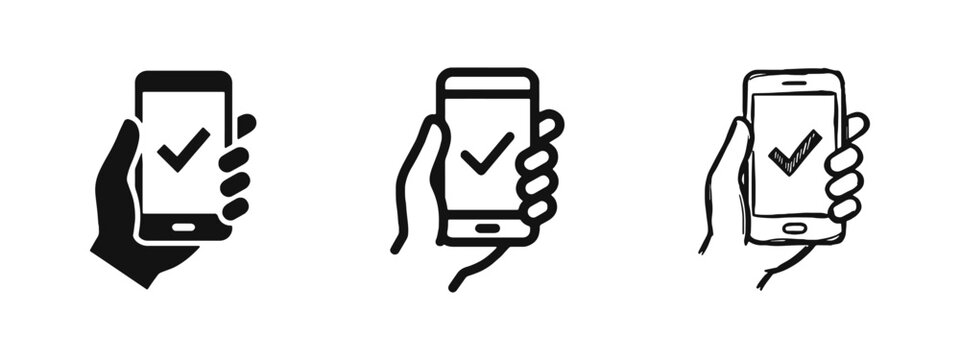 Mobile Checkmark Icon Set, Hand Holding Smartphone with Tick, Mobile Confirmation, Verified Status