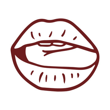 Seductive biting lip with tongue out hand drawn vector
