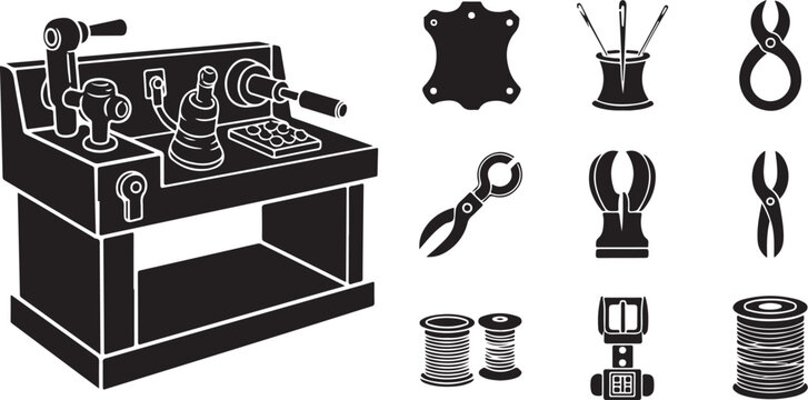 Black and white illustration of workbench tools