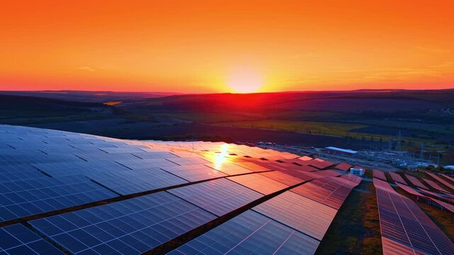 Sun dipping below distant hills over wide solar panel field. Burning sunset over rolling terrain with reflected light streaking across rows of dark modules.