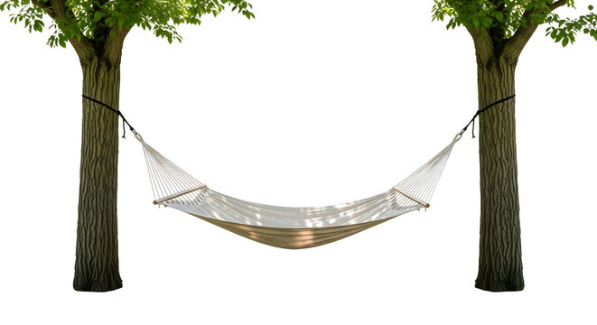 Relaxing hammock suspended between two sturdy trees on a bright sunny day