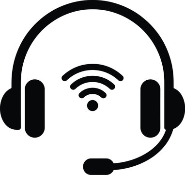 Black silhouette of customer service headset with Wi Fi signal for tech support and call center use