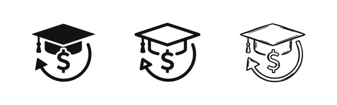 Education Loan Refund Icon Set, Tuition Fee Return, Scholarship Payback, Student Debt