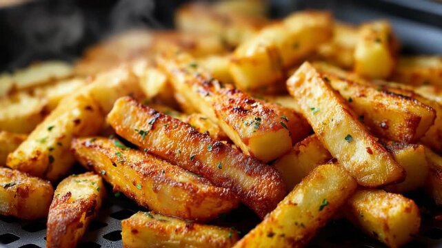Close up of hot fries with rising vapor smoke, crispy golden potato snack showing fresh fast food texture and delicious warm meal concept.