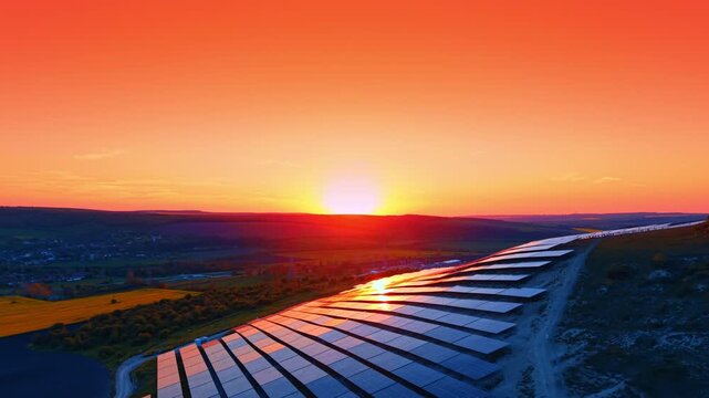 Sun setting over hills beyond curving rows of solar panels. Warm dusk light along sweeping module ranks with a town and rapeseed fields in the valley.