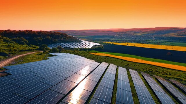 Hillside solar rows glowing at sunset above rapeseed valley. Warm orange light across curved module ranks with canola fields and a village in the far valley.