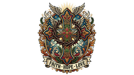 Fototapeta premium Vibrant Tattoo Design Cross with Wings and Floral Patterns Symbolizing Faith Hope Love