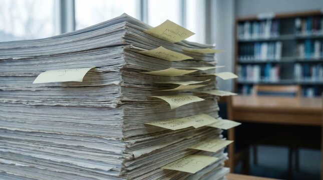 Paperwork overload with sticky notes in office representing bureaucracy and research workflow
