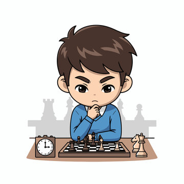 Young Boy Deep In Thought Playing Chess With Timer And Knight Piece On White Background