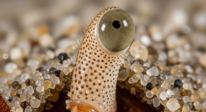 Extreme Macro Photography of a Conch Eye on an Eyestalk Emerging from the Sand Underwater