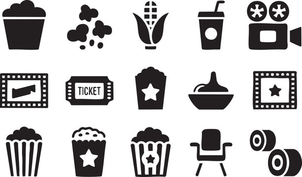 Black cinema icons set in flat style for movie night