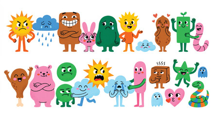 Retro cartoon character set with expressive emotions, vintage mascot collection of cute monsters and weather icons, funny doodle vector illustrations © Muhammad