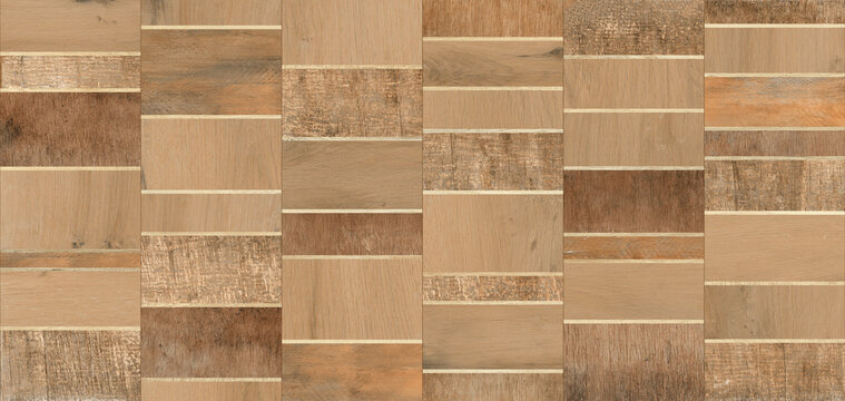 Rustic wood plank mosaic texture, decorative timber wall panel background, brown wooden tile pattern for interior design and architectural surfaces