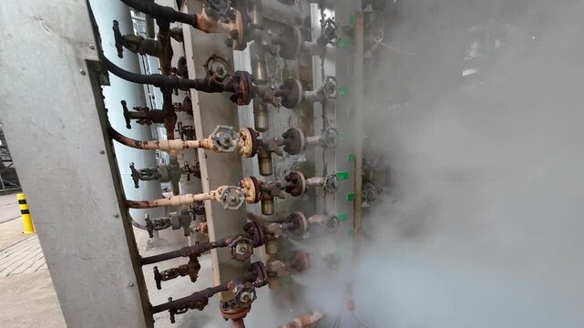 Industrial interior. Close-up of a lot of pipes, pressure gauge and a shut-off valves on the pipes in open air chemical plant. Jets of hot steam from valve. Production of thermal energy and hot water