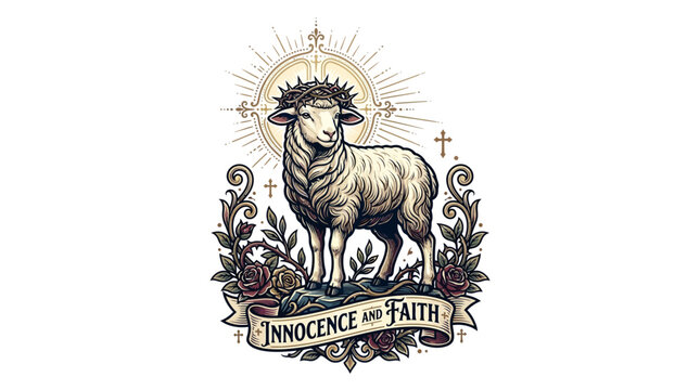 Lamb with crown of thorns and banner with innocence and faith
