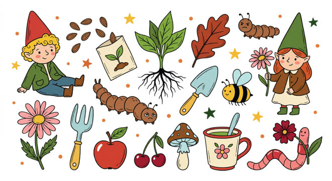 Garden gnome vector set, cute hand drawn gardening clipart with flowers and insects, whimsical forest nature collection for kids design