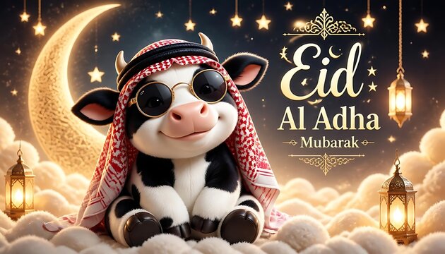 Adorable calf with shemagh and sunglasses, Eid al-Adha greeting design.