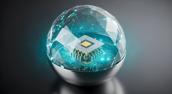 Quantum computing security concept with protected processor in crystal sphere for advanced cybersecurity technology marketing