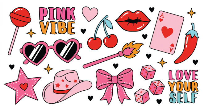 Retro pink vibe sticker set, vintage aesthetic y2k patches with heart sunglasses and cowboy hat, trendy pop art vector collection for social media