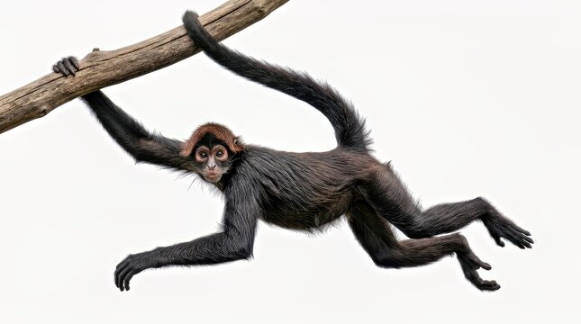 Curious Spider Monkey Gripping Sturdy Branch Against White Background