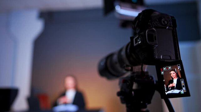 Telephoto camera filming smiling woman in studio interview. Long-lens rig in focus with a screen preview of the subject and a blurred figure under warm light.