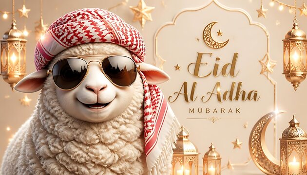 Cute fluffy lamb with shemagh and sunglasses, Eid al-Adha greeting design.