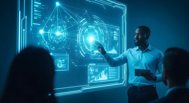 Business presentation with futuristic holographic interface for digital transformation analytics enterprise technology strategy