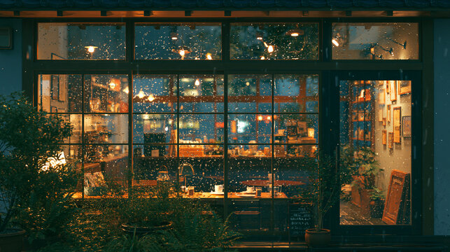 雨の夜の居心地の良いカフェの窓辺