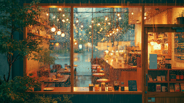 雨の日の窓越しに見る温かみのあるカフェの風景