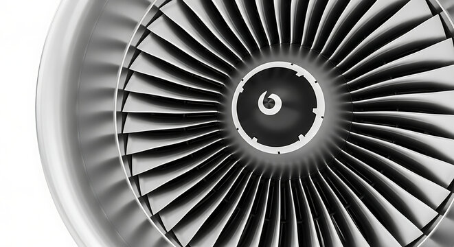 Detailed close up photograph of a metallic commercial jet turbine engine