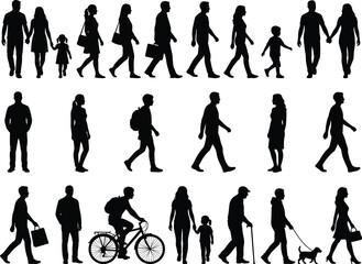 Naklejka premium Silhouette collection of diverse people family with children elderly man cyclist and pedestrian isolated on white background vector illustration