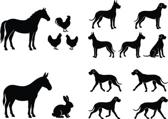 Obraz premium Vector farm animals and domestic dogs silhouettes collection with horse donkey rooster chicken rabbit and great danes