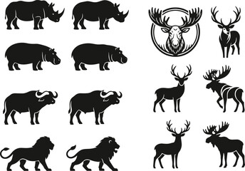 Wild animal silhouettes and mascot logos vector collection with rhinoceros hippopotamus buffalo lion moose and deer shapes © Md