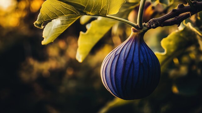 calabrian. A single deep purple fig on a branch, backlit by sunlight. gardening catalogs, home-decor guides, designed for gardening and botanical catalogs, promotes healthy living.