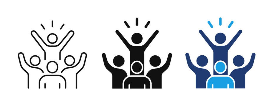 Celebration Team Icon Set, Winning People Vector, Sports Fan Celebration Symbol, Victory Crowd Illustration, Team Success Logo, Flat Line People Icon Design