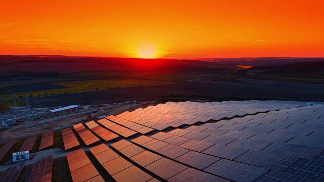 Construction site of solar farm beneath blazing red sunset. Dusk aerial of installed panels next to a substation, cabins and cranes under an intense orange glow.