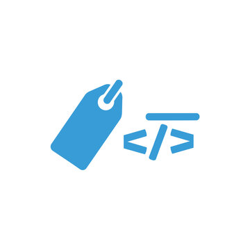 Blue price tag icon with software code tag symbol.