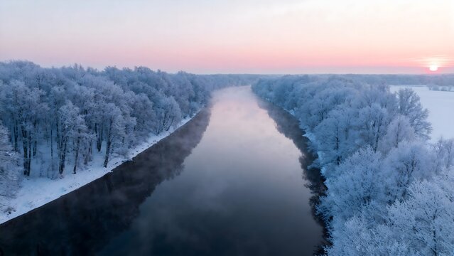 Snowy river at sunrise
