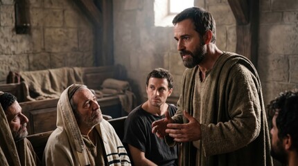 Fototapeta premium Apostle Paul preaching in early Christian synagogue. Historical religious scene showing man teaching group of people about faith. Biblical narrative inspired by Acts of the Apostles.