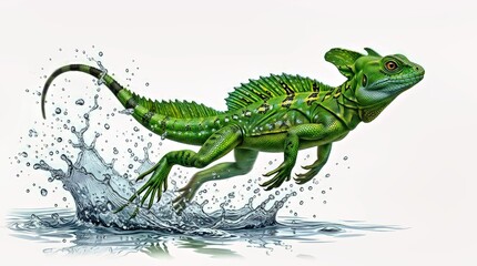 Fototapeta premium Dynamic Green Iguana Jumping Through Water Splash – Stock Photo