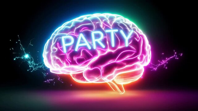 Neon Brain with Party Text on Black Background, Futuristic Glowing Cyberpunk Animation with Vibrant Neon Lights and Dynamic Motion for Music, Club and Party Video Content