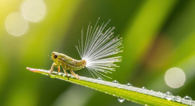 Macro Shot of a Planthopper Nymph with White Waxy Tail on a Dewy Grass Blade in Morning Sunlight
