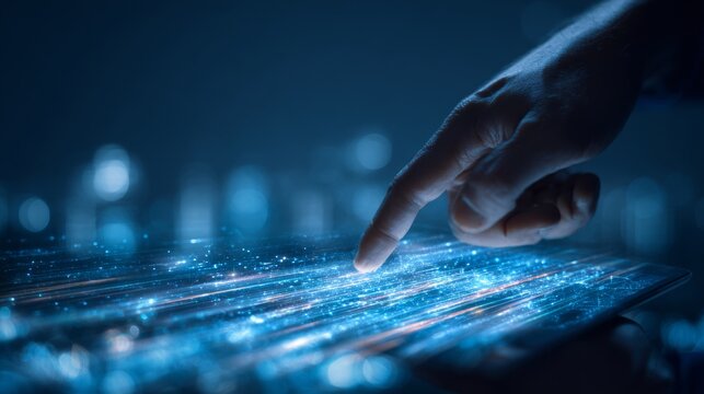 Digital hand touch blue light futuristic interface technology screen glowing line virtual display data network digital communication online connection close up