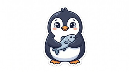 Fototapeta premium Cute AIzaSyCpXkJsiQLZ5Hp2dzaqREUqFVZei130Pf0 stylized cartoon penguin joyfully holding a fresh fish, perfect for playful designs and children's content