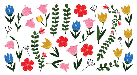 Scandinavian folk art floral vector set, hand drawn colorful flowers and botanical elements, rustic spring garden blossoms for greeting cards © Muhammad