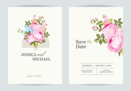 Marriage invitation card with custom sign and rose frame over beige
