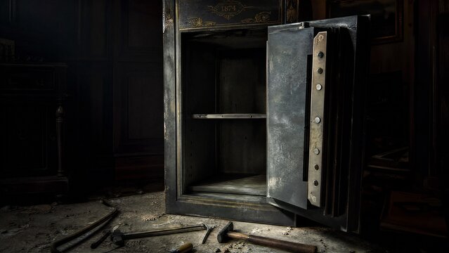 breakin. Antique safe with its door pried open and tools scattered nearby. safety posters, maintenance manuals, designed for industrial assembly lines and welding operations.